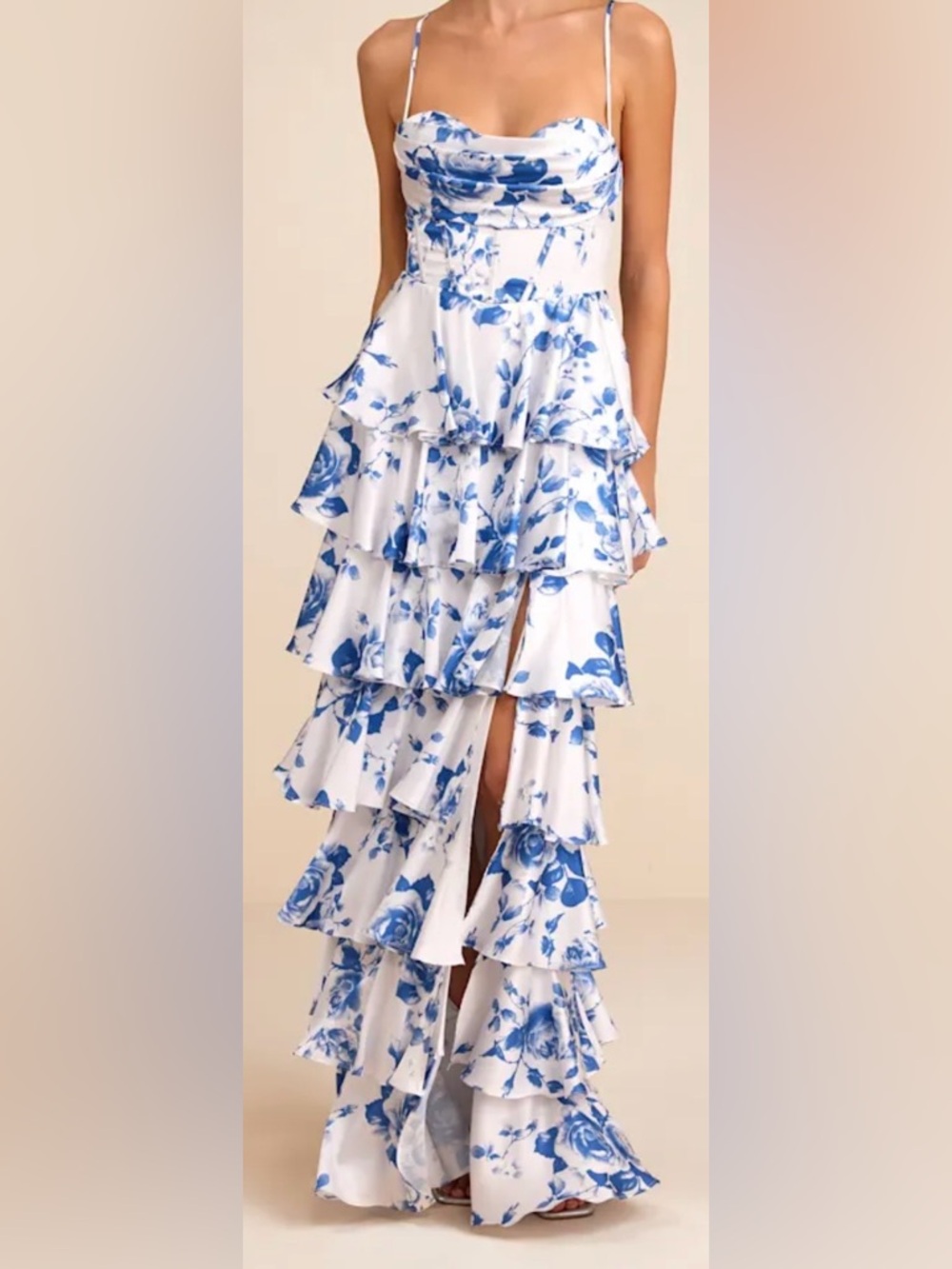 Arletta White and Blue Floral Satin Bustier Tiered Maxi Dress
Lulus